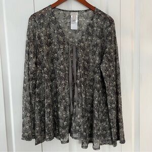 Women's Lori Goldstein LOGO Black Grey Sheer Floral Tie Front Knit Cardigan L